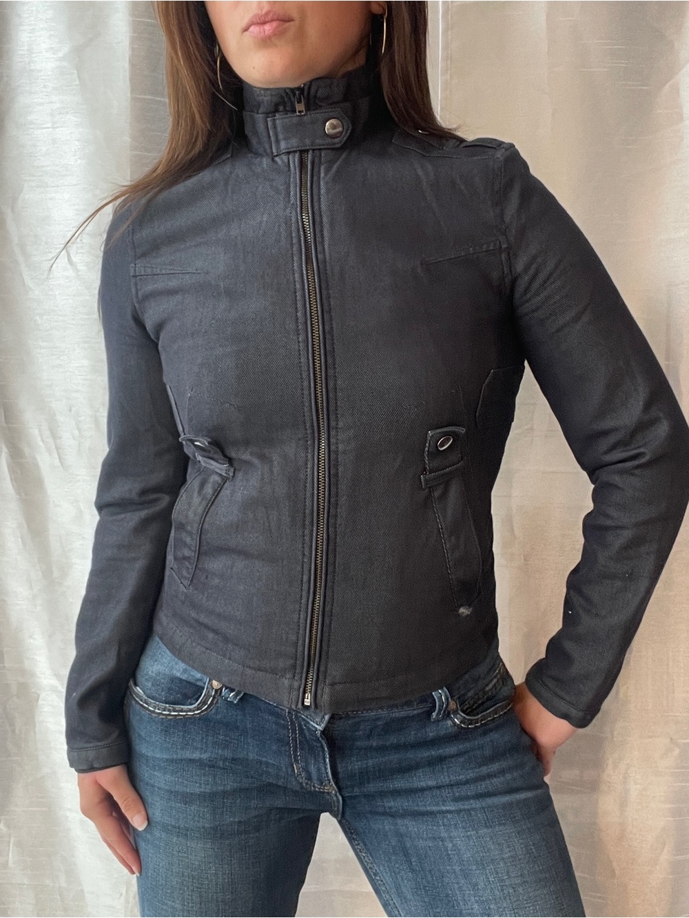Calvin Klein Dark Denim Moto Jacket Small Blue Grey Biker Fitted Edgy Grunge Y2K